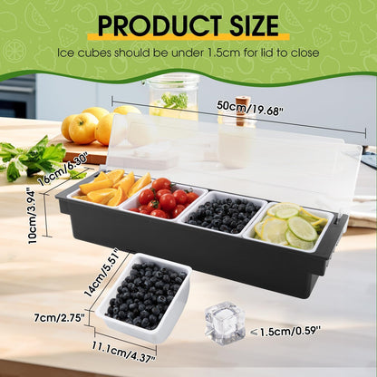 Ice Cooled Condiment Serving Container Fruit Veggie Condiment Caddy Plastic Garnish Station with Lid for Fruit,Ice Cream,Salad Bar-Topping Organizer for Restaurant Supplies (3 Compartments)