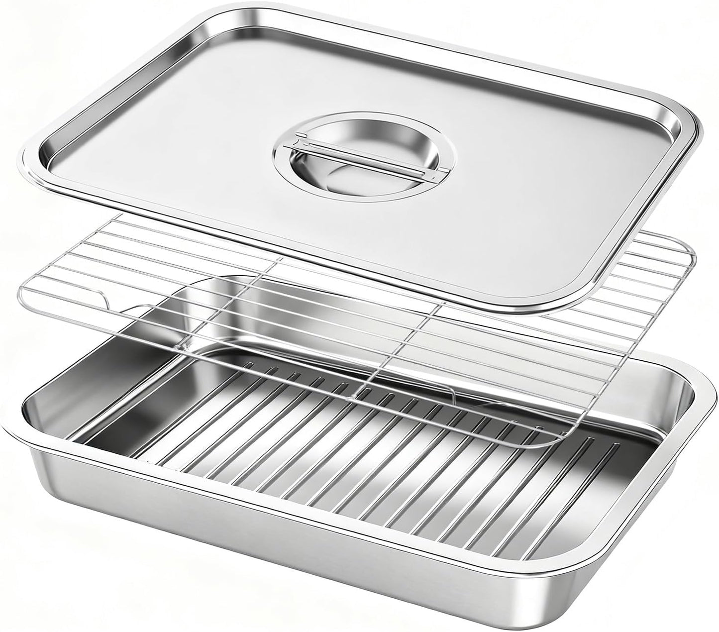 Grill Prep & Serve Tray Set with Lids, 5-Piece Food Prep System for Marinating, Carrying & Serving, Stainless Steel BBQ Trays for Raw & Cooked Food Separation (Rack Included)