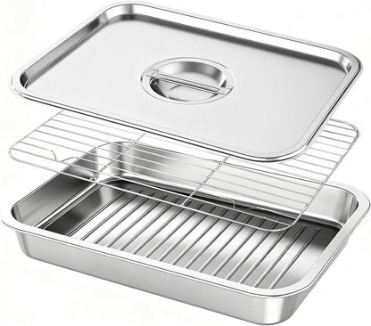 Grill Prep & Serve Tray Set with Lids, 5-Piece Food Prep System for Marinating, Carrying & Serving, Stainless Steel BBQ Trays for Raw & Cooked Food Separation (Rack Included)
