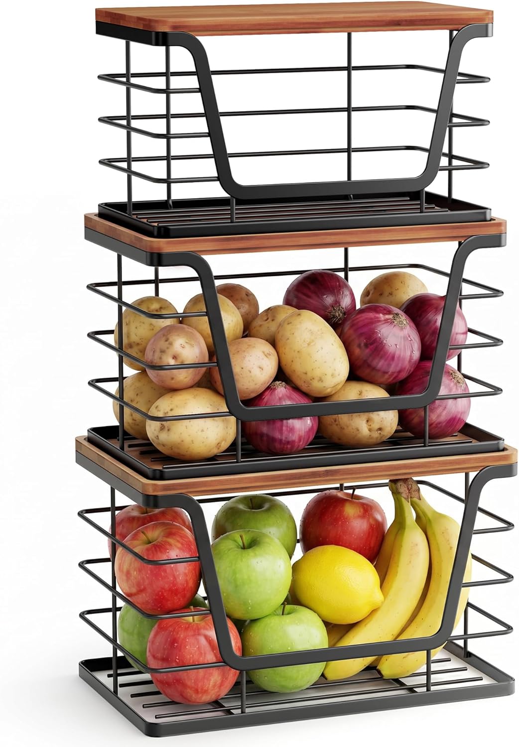 ALOCEO 2 Pack Stackable Wire Storage Basket with Bamboo Lid, Trash Bag Dispenser Under Sink for 4-13 Gal Bags, Kitchen Storage Bins for Potato and Onion, Brown