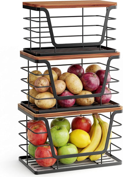 ALOCEO 2 Pack Stackable Wire Storage Basket with Bamboo Lid, Trash Bag Dispenser Under Sink for 4-13 Gal Bags, Kitchen Storage Bins for Potato and Onion, Brown