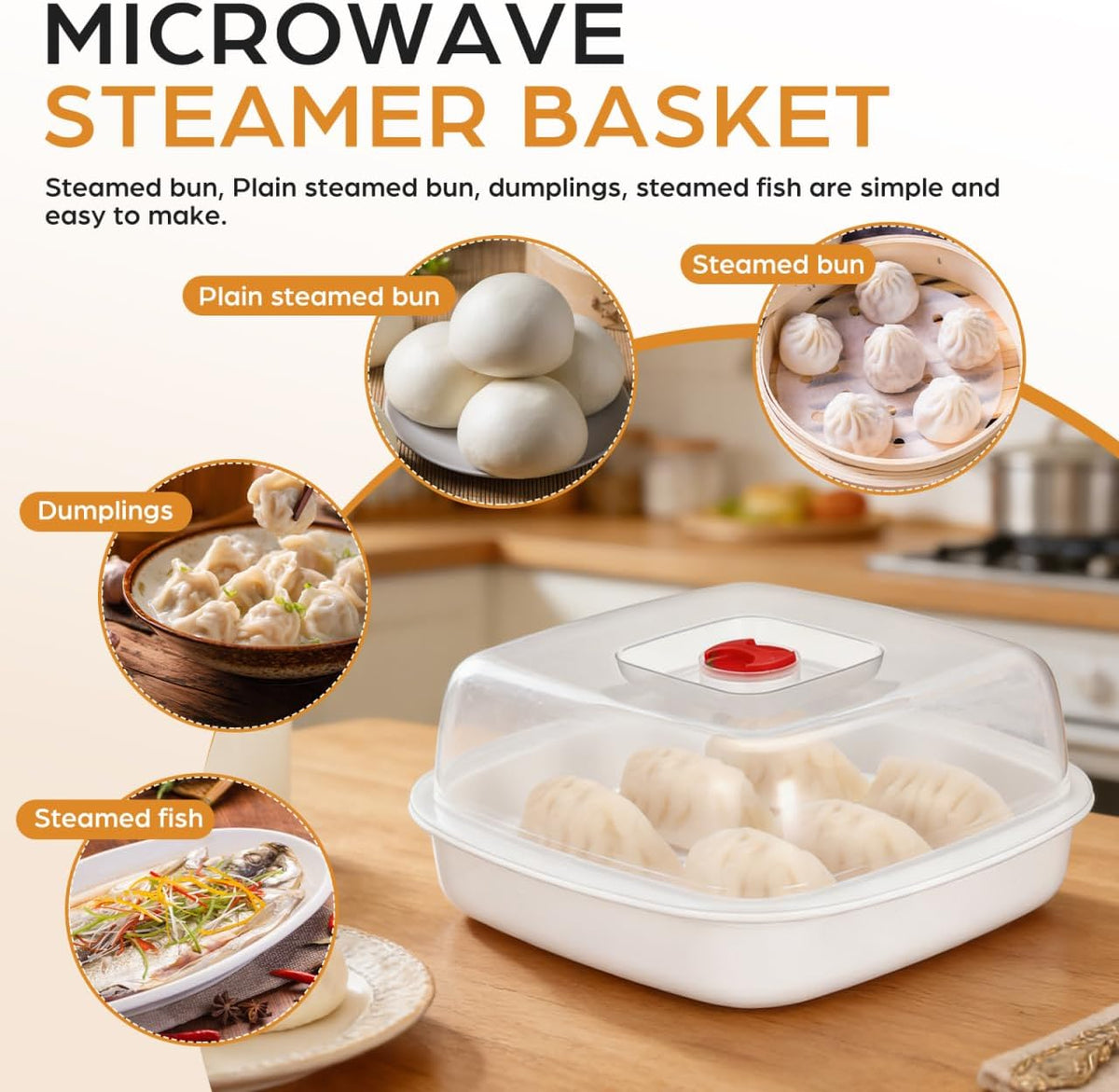MAGICLULU Microwave Vegetable Steamer with Lid and Tray - 8.26" Square Microwave Heating Bowl for Fish, Dumplings, Meat - Micro Cookware for Cooking for Home, Gem, Office Kitchen (White)