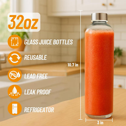Glass Juice Bottles with Lids 10 oz, 6 Pack Reusable Small Glass Bottles with Stainless Steel Caps & Straws, BPA-Free Leak proof Juice Bottle Containers for Juicing, Milk, Smoothies & Fridge