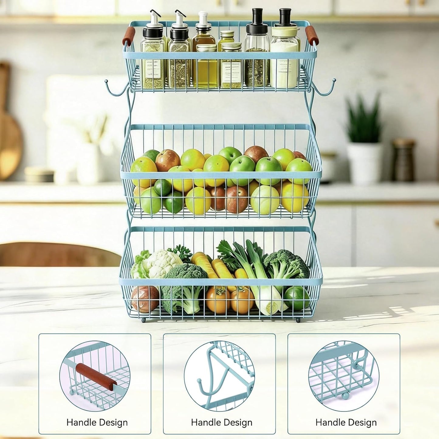 2-Tier Stackable Wire Basket with 2 Banana Hooks, Pantry Organizer for Kitchen Countertops, Cabinets & Under-Sink Spaces; Ideal for Storing Snacks, Fruits, Veggies, Onions, Potatoes, & More,Black
