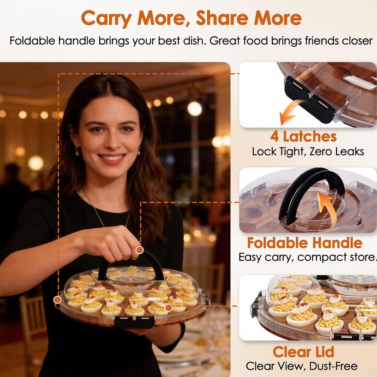 Acacia Wood Deviled Egg Carrier with Secure Snap-Lock Lid – Holds 24 Eggs for Parties,Potlucks & Picnics,Portable Serving Tray with Handle, Dishwasher-Safe Lid,Easter Hostess Gift Idea