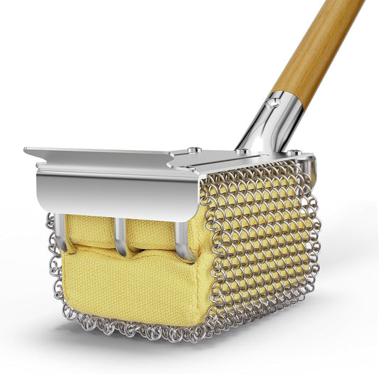 HOUSE AGAIN Grill Brush Bristle Free with Scraper, Safe Steam Cleaned Replaceable Head Fire Resistant Grill Cleaning Brush Strong Barbecue Brush Cleaner Non Wire for Outdoor Grill Grate/Wooden Handle