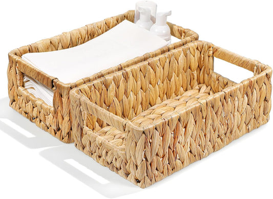 Water Hyacinth Baskets for Shelves Rattan Woven Basket Storage Organizer Bins with Built-in Handles Decorative Shallow Rectangle Pantry Organizers for Organizing Countertop Bathroom