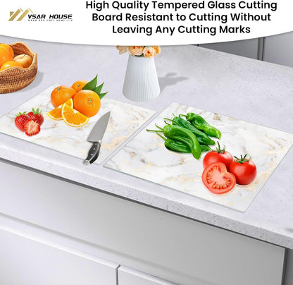 Tempered Glass Cutting Boards for Kitchen, Set of 2 Gold Glass Chopping Boards, 16"x12" & 12"x8" Cutting Boards With NonSlip Feet, Scratch Resistant, Heat Resistant, Easy to Clean