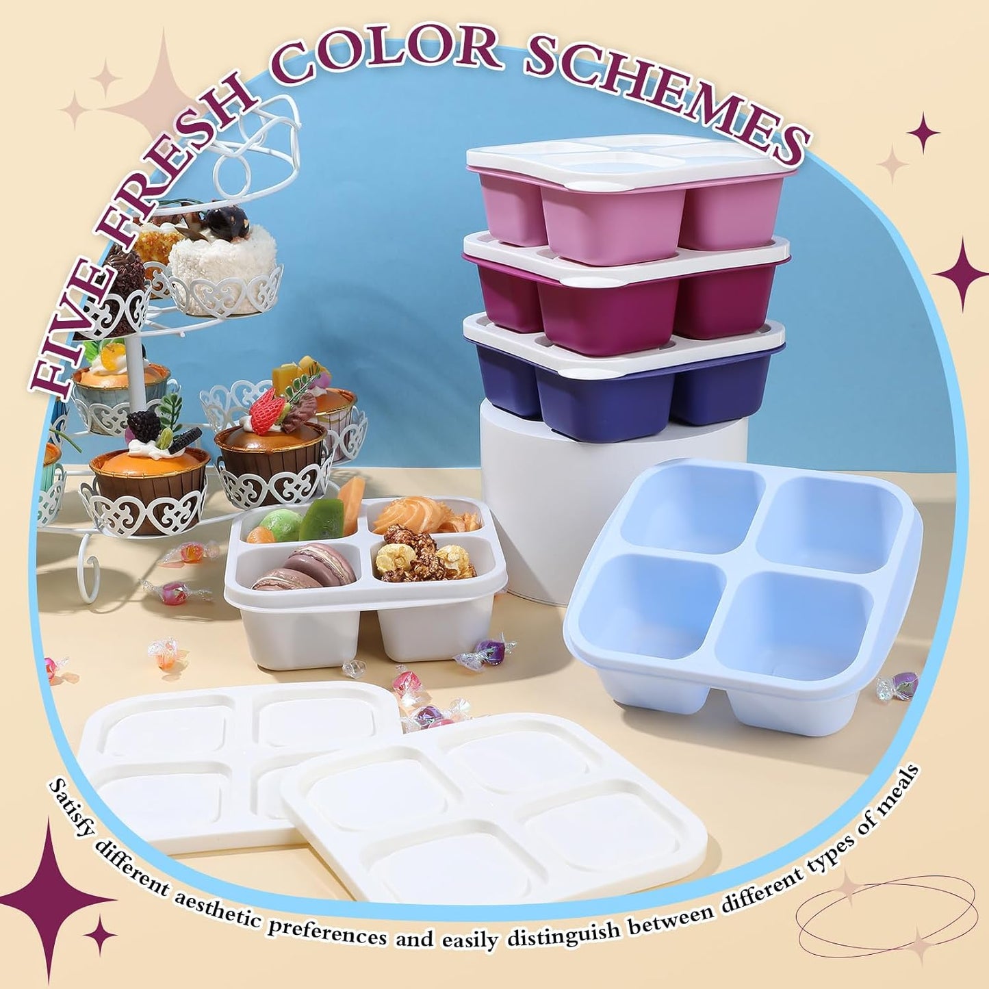 Honeydak 10 Pack Bento Snack Containers 4 Compartment Snack Boxes Reusable Containers with Lids Divided Meal Prep Lunch Food Storage Box for School Work Travel
