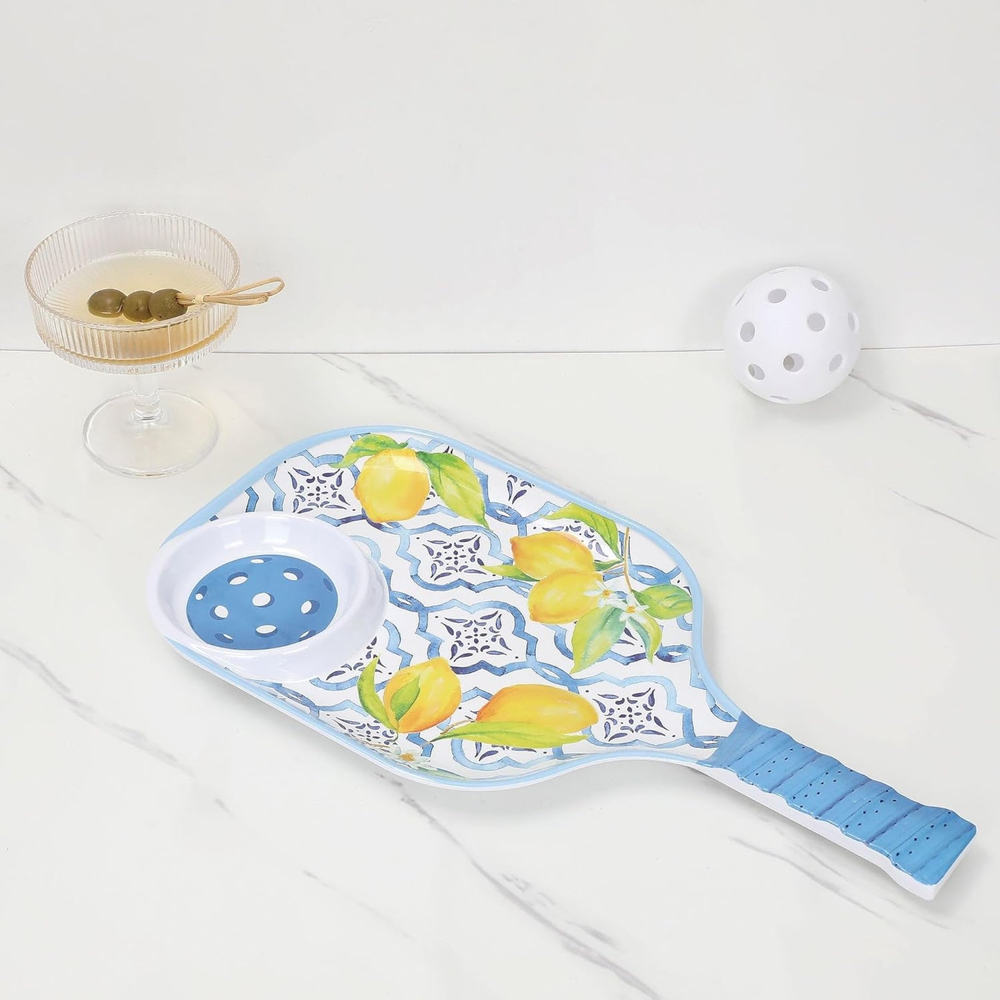 UPware Flamingo Melamine Chip and Dip Snack Tray, Tropical Floral Pickleball Paddle Shape Platter for Chips, Salsa, Fruits, and Appetizers, 15.75 x 8 Inch