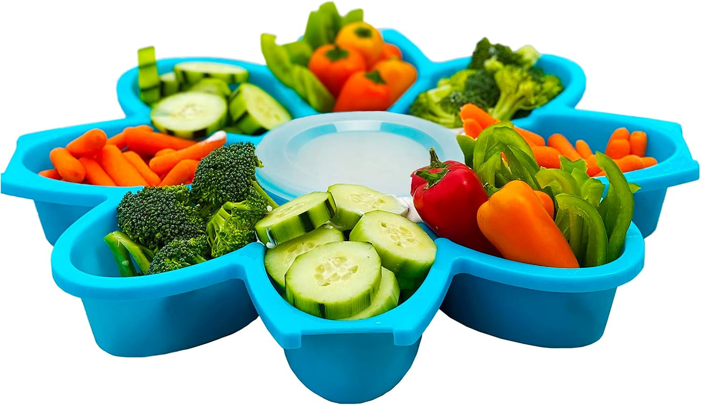 KOLORAE Flower Snack Serving Tray - 9 Compartment Party Platter with Dressing Cup for Chips and Dip, Fruits and Veggies - Game Day & Summer Entertaining Tray