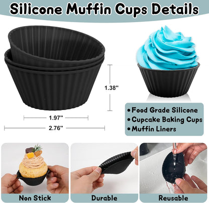 24 Pack Reusable Silicone Cupcake Liners Black, 2.76 Inch Silicone Muffin Cups for Kitchen, Non-Stick Baking Cups for Cupcakes, Muffins
