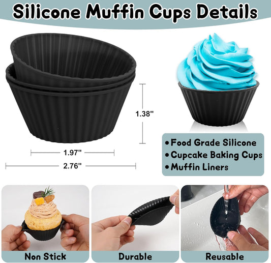 24 Pack Reusable Silicone Cupcake Liners Black, 2.76 Inch Silicone Muffin Cups for Kitchen, Non-Stick Baking Cups for Cupcakes, Muffins