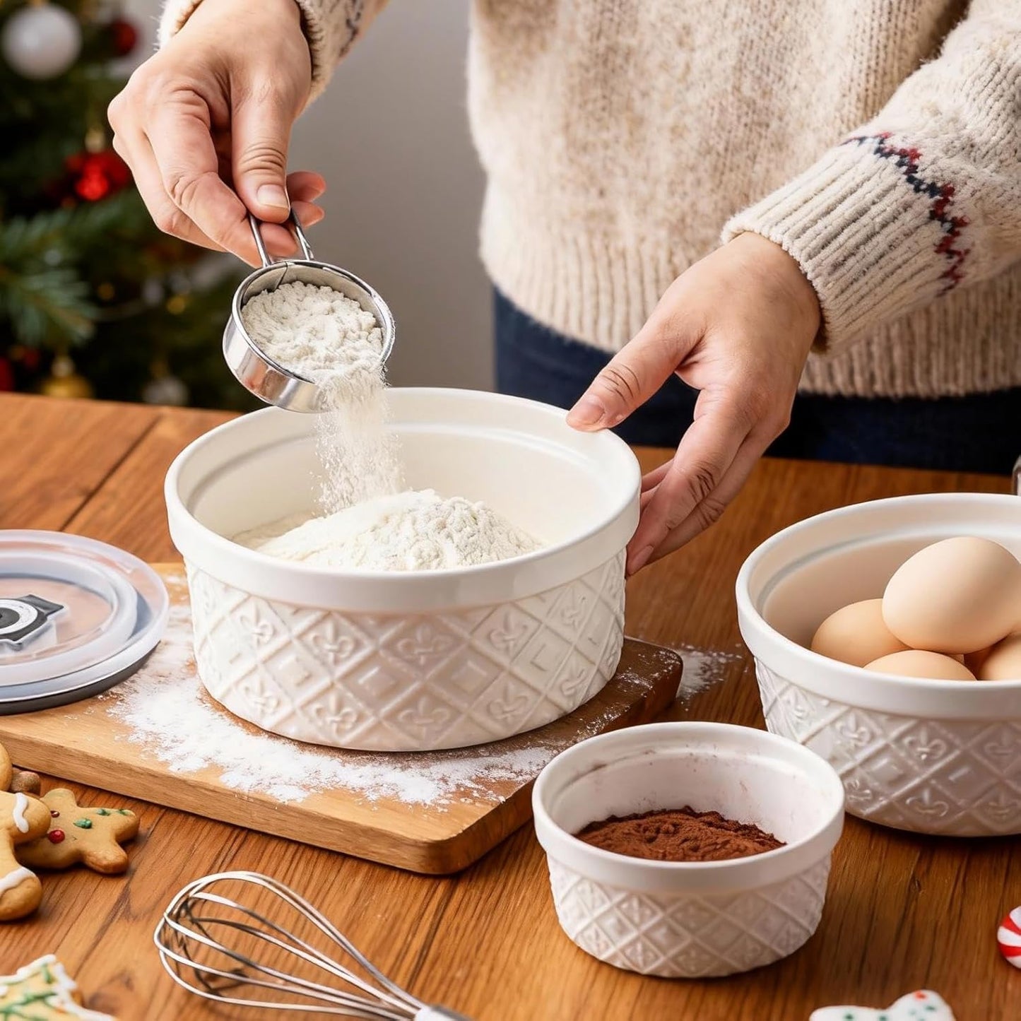 Airtight Food Storage Containers with Lids Mixing Bowls Set, Ceramic Serving Bowls with Lids Set of 4, 12/16/28/40 oz Stackable Nesting Salad Bowls for Cooking, Baking, Ramen - Beige