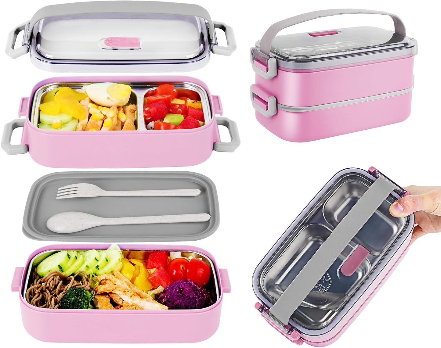 Stainless Steel Bento Box for Adults&Kids,Japanese Leakproof Lunch Box Divided Food Meal Storage Containers Set Stackable 2 Layer for Children School Picnic Beige