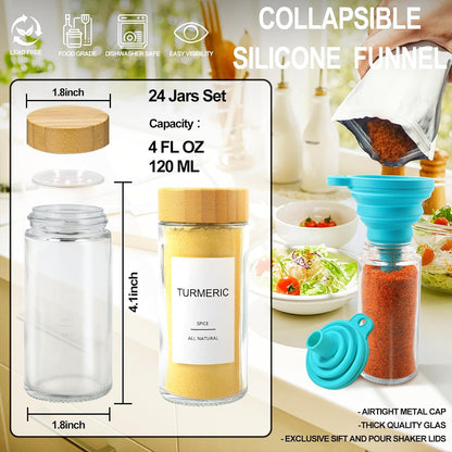 AISIPRIN Glass Spice Jars with 398 Labels, 24 pcs 4oz Spice Containers with Bamboo Lids, Square Spice Bottles With Shaker Lids,Spice Organization for Cabinet,Drawer,Rack,Seasoning Organizer