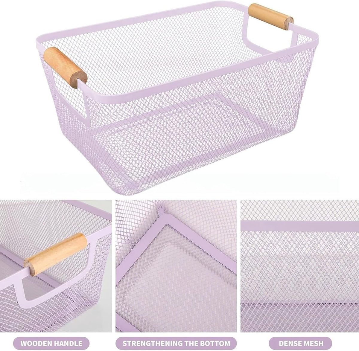 AJIODA Metal Mesh Steel Basket, Large Wire Storage Organizer Basket Multi-function Hanging Kitchen Baskets with Wood Handle for Kitchen Bathroom Picnic Home, Rectangle-Off White