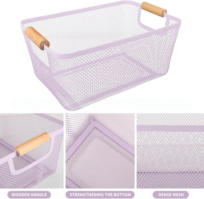 AJIODA Metal Mesh Steel Basket, Large Wire Storage Organizer Basket Multi-function Hanging Kitchen Baskets with Wood Handle for Kitchen Bathroom Picnic Home, Rectangle-Off White