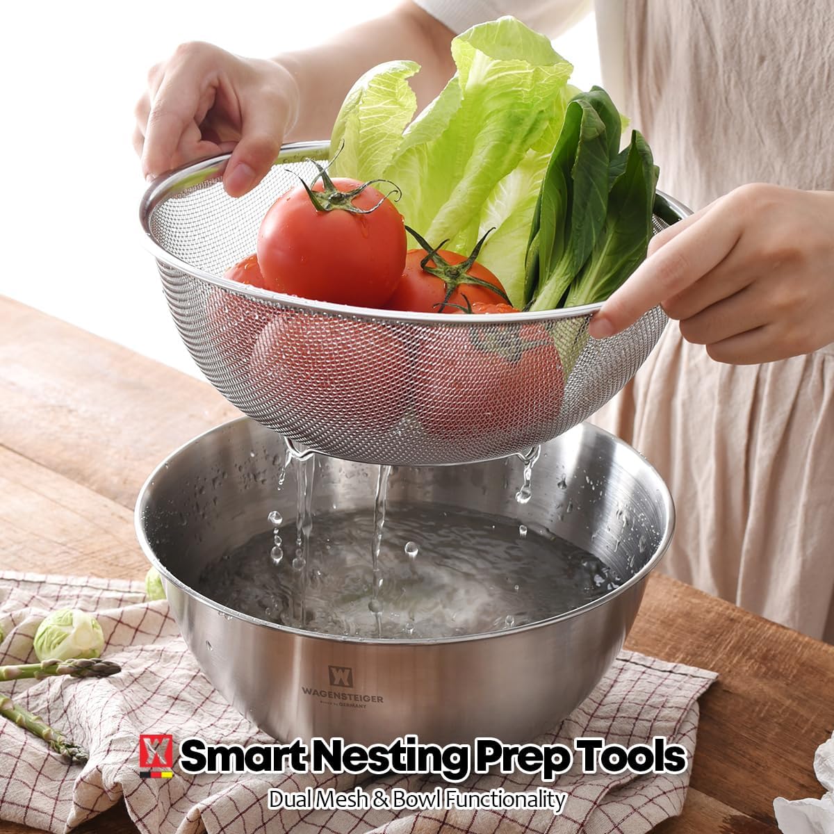 WAGENSTEIGER Stainless Steel Mixing Bowl and 3-Legged Colander Set, Multipurpose Kitchen Basket with Fine Mesh Colander, Salad Mixing Bowl with Strainer, Rinsing Vegetables & Fruits (24cm / 9.45")