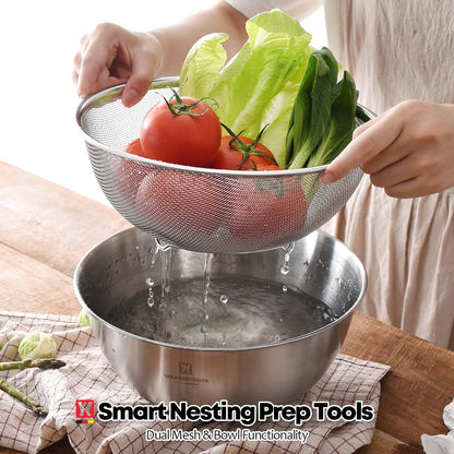 WAGENSTEIGER Stainless Steel Mixing Bowl and 3-Legged Colander Set, Multipurpose Kitchen Basket with Fine Mesh Colander, Salad Mixing Bowl with Strainer, Rinsing Vegetables & Fruits (24cm / 9.45")
