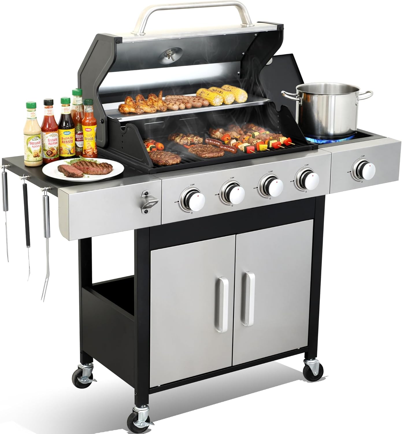 69,000 BTU 6+1 Burner Propane Gas Grill with Cast Iron Grids & Griddle Plate, Double-Wall Stainless Steel Lid – Even Heat, Easy Clean, Perfect for Backyard BBQ