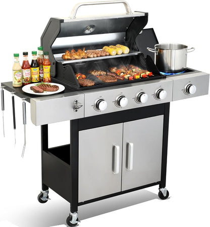 69,000 BTU 6+1 Burner Propane Gas Grill with Cast Iron Grids & Griddle Plate, Double-Wall Stainless Steel Lid – Even Heat, Easy Clean, Perfect for Backyard BBQ