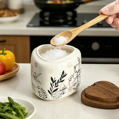 Ceramic Salt Cellar Bamboo Lid Spoon 3.5" Wide 12oz