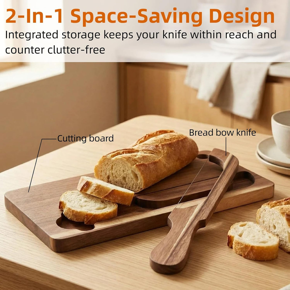 Double-Sided Bread Bow Knife and Board Set with Spare Stainless Blade
