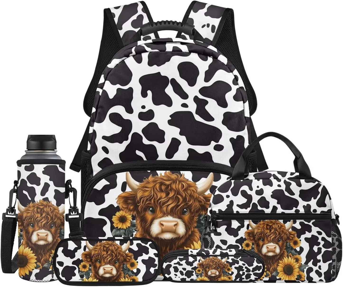 Highland Cow Backpack with Lunch Box Set for Kids Sunflower School Backpack for Girls Boys Back to School Bag Student Travel Backpacks Reusable Utensils Pen Case Water Bottle Bag 5PCS