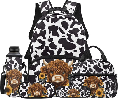 Highland Cow Backpack with Lunch Box Set for Kids Sunflower School Backpack for Girls Boys Back to School Bag Student Travel Backpacks Reusable Utensils Pen Case Water Bottle Bag 5PCS