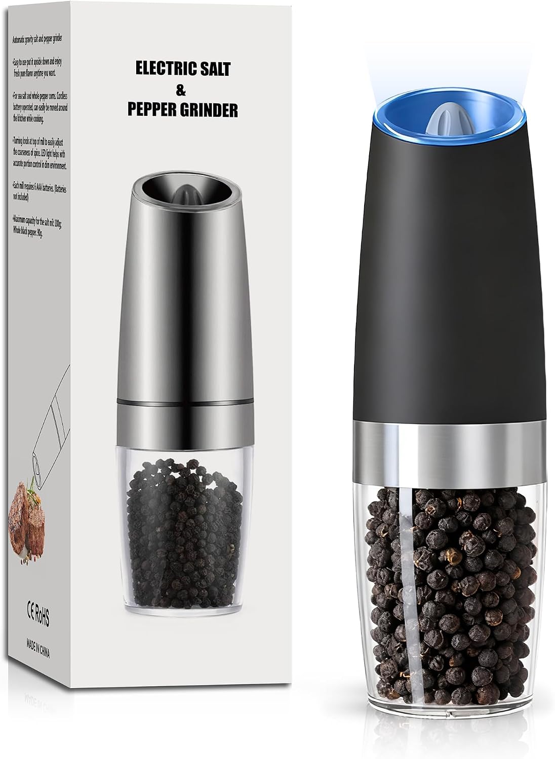 UNNEES Battery Operated Gravity Salt And Pepper Grinder Set, 2 Pcs (Black)