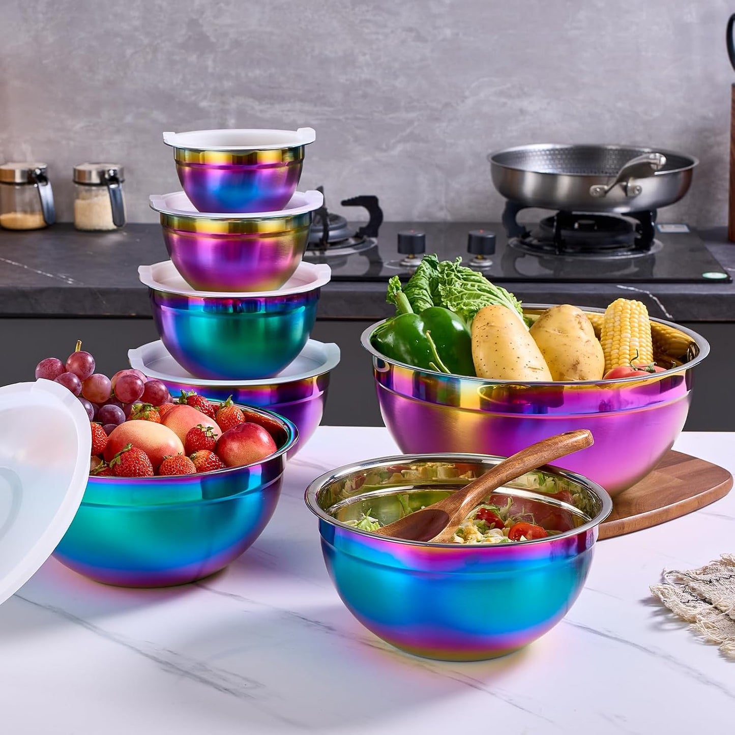 Pink Mixing Bowls with Airtight Lids, Stainless Steel Nesting Mixing Bowls Set of 7, Ideal for Baking, Prepping and Serving Food, Size 7, 3.6, 2.7, 2.1, 1.5, 1.1,0.8 QT, Stackable Design