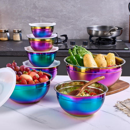 Pink Mixing Bowls with Airtight Lids, Stainless Steel Nesting Mixing Bowls Set of 7, Ideal for Baking, Prepping and Serving Food, Size 7, 3.6, 2.7, 2.1, 1.5, 1.1,0.8 QT, Stackable Design