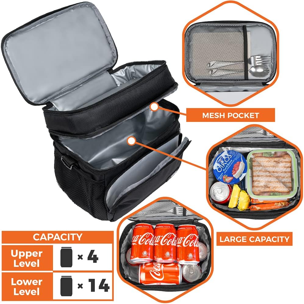 opux Insulated Lunch Bag for Men Women, Large Dual Compartment Cooler Bag, Soft Two Deck Lunch Box for Work School Picnic, Leakproof Lunch Tote with Shoulder Strap for Kid Adult (Purple, Double Deck)