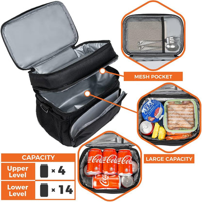 opux Insulated Lunch Bag for Men Women, Large Dual Compartment Cooler Bag, Soft Two Deck Lunch Box for Work School Picnic, Leakproof Lunch Tote with Shoulder Strap for Kid Adult (Purple, Double Deck)