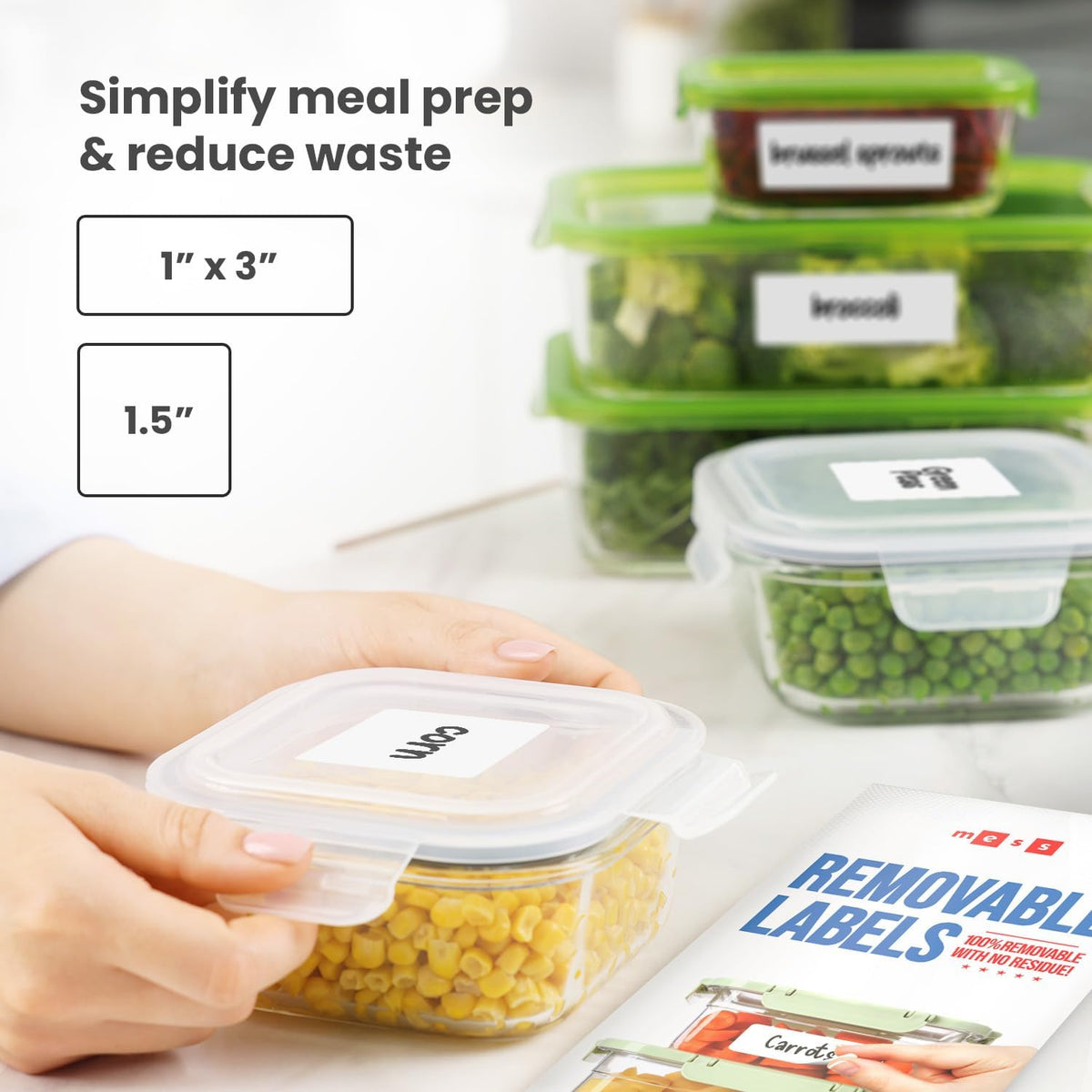 MESS Removable Food Labels for Containers (96-Pack) 1x3 & 1.5" Erasable Kitchen Labels for Organizing, Freezer & Fridge, White Dry Erase Labels for Jars