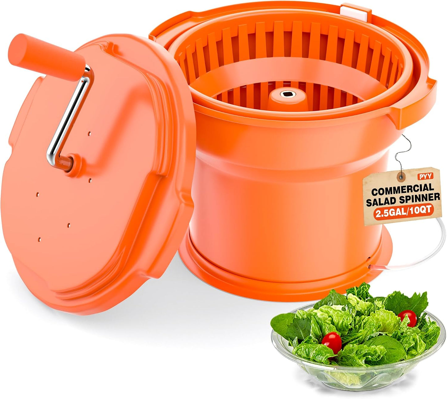 PYY 2.5 Gallon Commercial Salad Spinner - Salad Dryer w/Silicone Anti-slip Mat & Draining Hose, 10Qt Manual Salad Spinner for 3 Heads of Lettuce Spinner Large for Catering