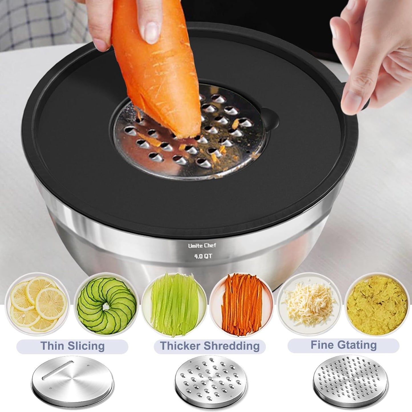 Umite Chef Mixing Bowls with Airtight Lids Set, 8PCS Stainless Steel Nesting Bowls with Grater Attachments, Non-Slip Bottoms, 5, 4, 3.5, 2, 1.5QT for Mixing & Serving