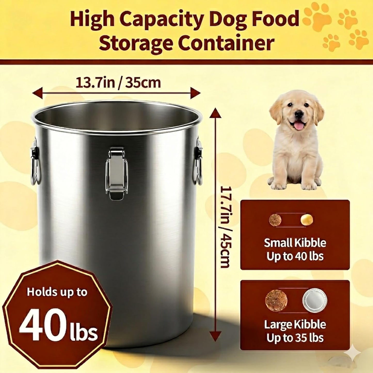 304 Stainless Steel Dog Food Storage Container, 25LB/30LB Airtight Pet Food Container with Locking Lid & Silicone Seal, Large Metal Food Storage Bin for Dry Dog/Cat Food, Rice, Flour (25 LBS)