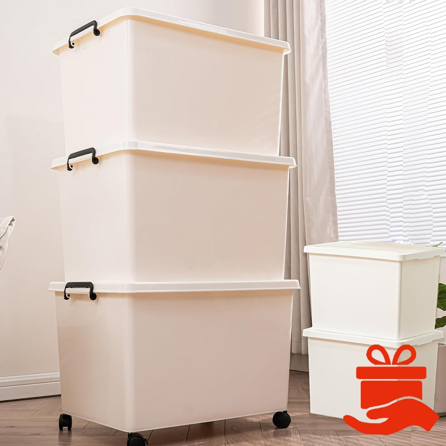 3 Extra Large Storage Bin with 4 Quiet 360° Swivel Casters - 55cm Heavy Duty Organizer with Snap-On Lid, Dust-Proof Moisture-Proof, Stackable Design for Living Room, Bedroom, Study