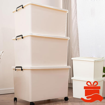 3 Extra Large Storage Bin with 4 Quiet 360° Swivel Casters - 55cm Heavy Duty Organizer with Snap-On Lid, Dust-Proof Moisture-Proof, Stackable Design for Living Room, Bedroom, Study