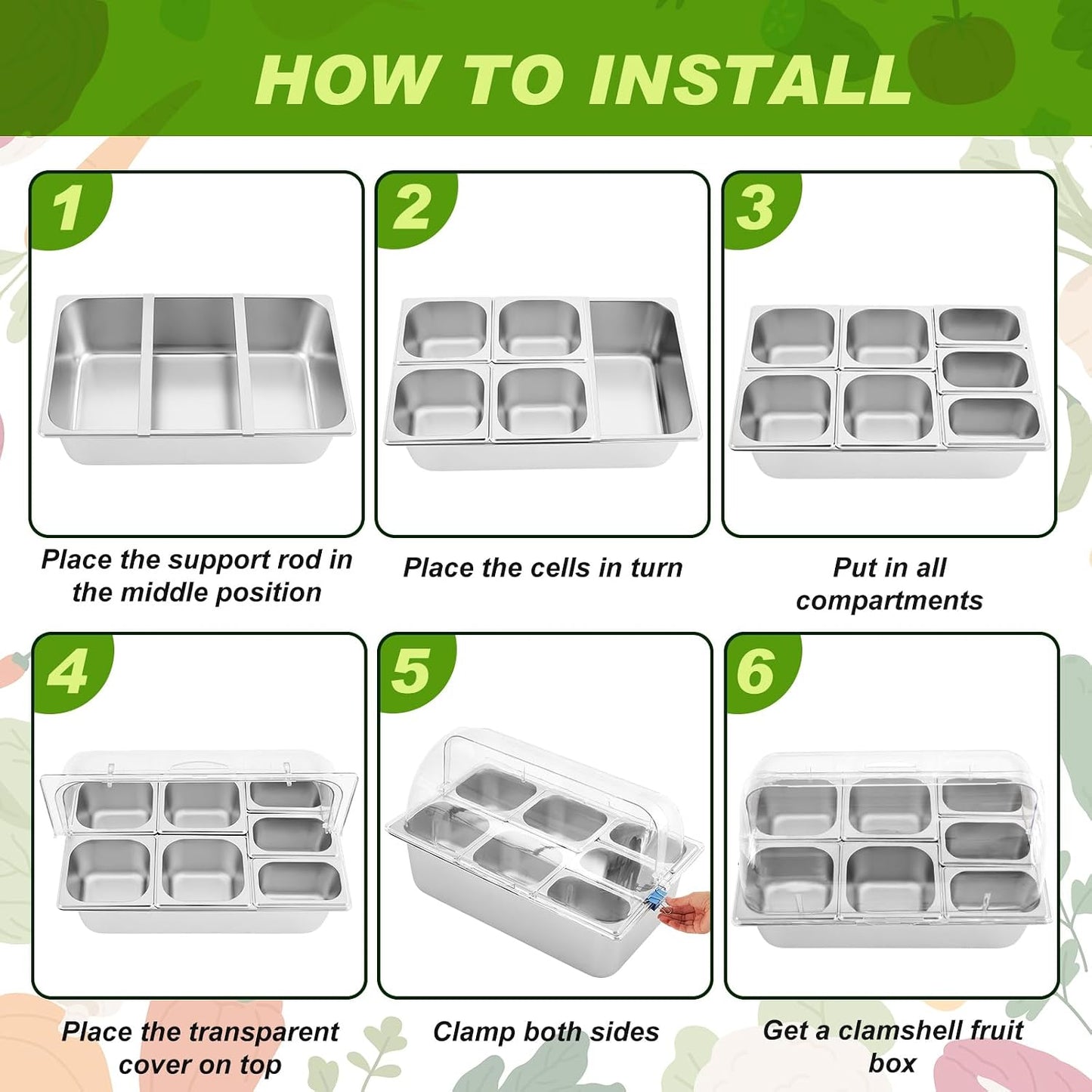 Condiment Tray Stainless Steel Serving Display Set with Lid for Buffet Restaurant Kitchen, Food Chilled Container for Salad Fruit Condiments, Keeps Food Fresh with Ice Box(6 Compartments)