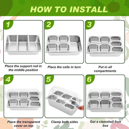 Condiment Tray Stainless Steel Serving Display Set with Lid for Buffet Restaurant Kitchen, Food Chilled Container for Salad Fruit Condiments, Keeps Food Fresh with Ice Box(6 Compartments)