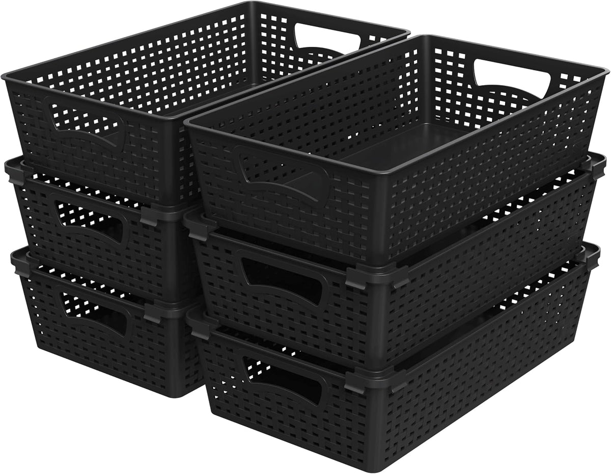 Simple Houseware Stackable Plastic Woven Basket Organizer, 6 Pack, White | 14.5" D x 8.5" W x 3.5" H