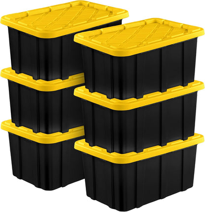 Sterilite 4-Pack 27 Gallon Industrial Storage Tote, Heavy-Duty Plastic Bins, Black/Yellow - Stackable Utility Organizers with Lids for Garage, Camping Tools, and Outdoor Gear