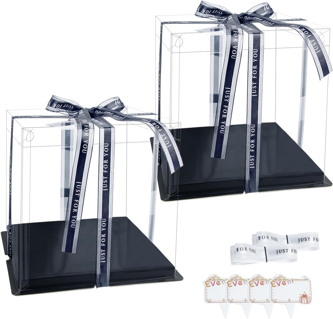 Clear Cake Box, 2 Pcs Transparent Cake Carrier Box with Lids, 4in PET Packaging Boxes with Ribbon Gift Card for Pastries, Clear Gift Boxes for Birthday, Wedding and Festival Party, Black.