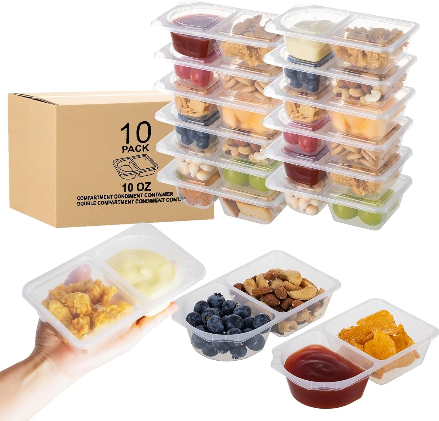 10 oz Reusable Snack Containers with Lids for Kid, 2 Compartment Large Capacity Condiment Portion Control Containers for School lunch, Go out Travel, Party