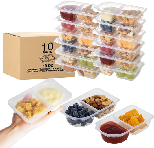 10 oz Reusable Snack Containers with Lids for Kid, 2 Compartment Large Capacity Condiment Portion Control Containers for School lunch, Go out Travel, Party
