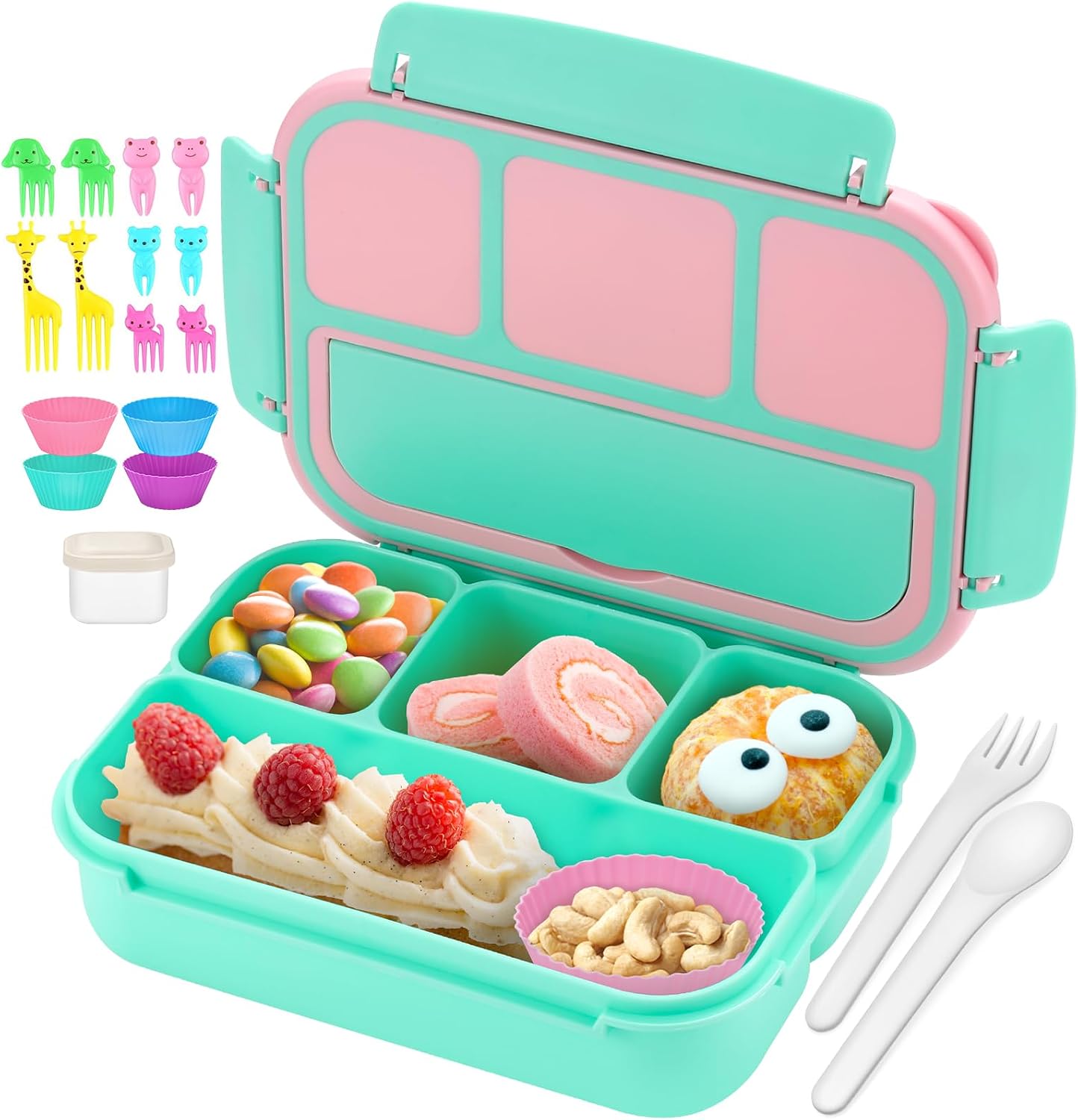 QQKO Bento Lunch Box for Kids Girls Boys, Toddler Kids Lunch Boxes for School, Lunch Containers for Adults with 4 Compartments, Sauce Container, Utensils, Food Picks and Muffin Cups, Purple