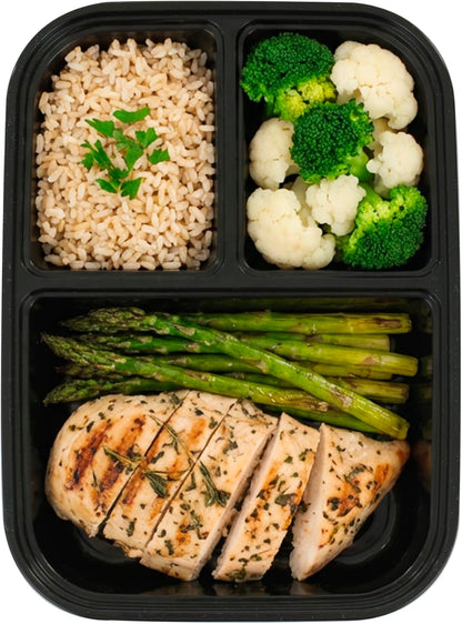 IRIS USA Meal Prep Containers, 36oz - 50 Pack (100-Piece) 3-Compartment Reusable Food Storage Containers with Lids, Plastic Kitchen Food Prep To Go Lunch Box, Microwave Freezer Dishwasher Safe, Black